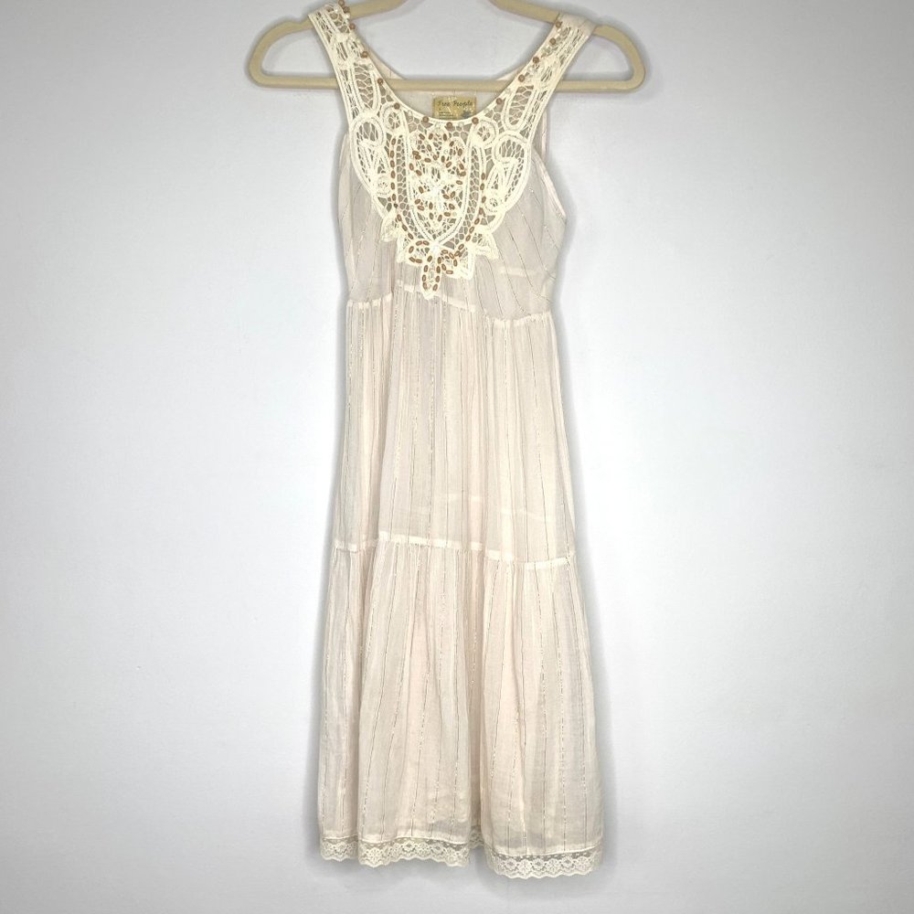FREE PEOPLE Bali Boho‎ Cream Gauzy Beaded Cotton Midi Dress Sz 0
